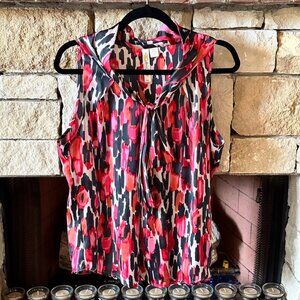 Adiva Boutique Pink Orange Black Watercolor Tie Neck Sleeveless Blouse Size XL